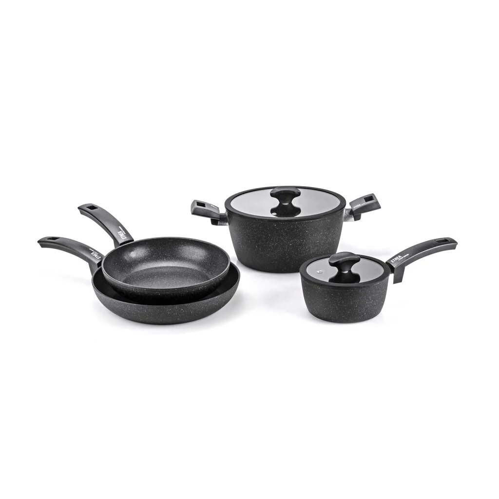 Moneta Etnea Evolution Batteria da 7 pezzi: Padelle 24 + 28 cm, Casseruole 16 + 24 cm, Coperchi 16 + 24 cm